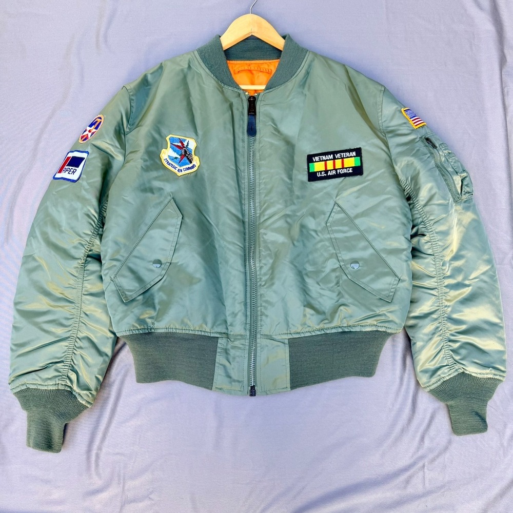 Alpha Industries MA-1 Flight Jacket Large Sage Green Vietnam USAF Patches Bomber
